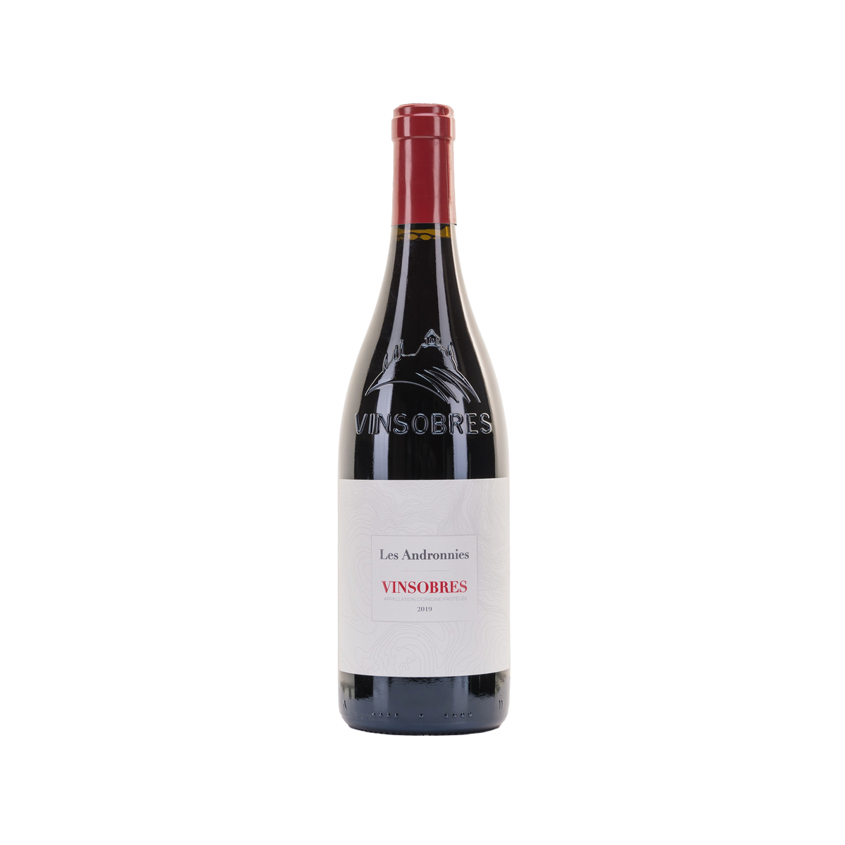 Bottle of Gigondas La Cave Les Andronnies Vinsobres 2019 Rhône Valley red wine with black fruit and violet aromas.