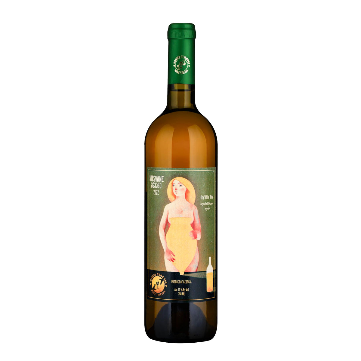 Bottle of Wine Thieves Mtsvane 2021 from Kakheti, Georgia, showing a fresh white wine with citrus and green apple character.