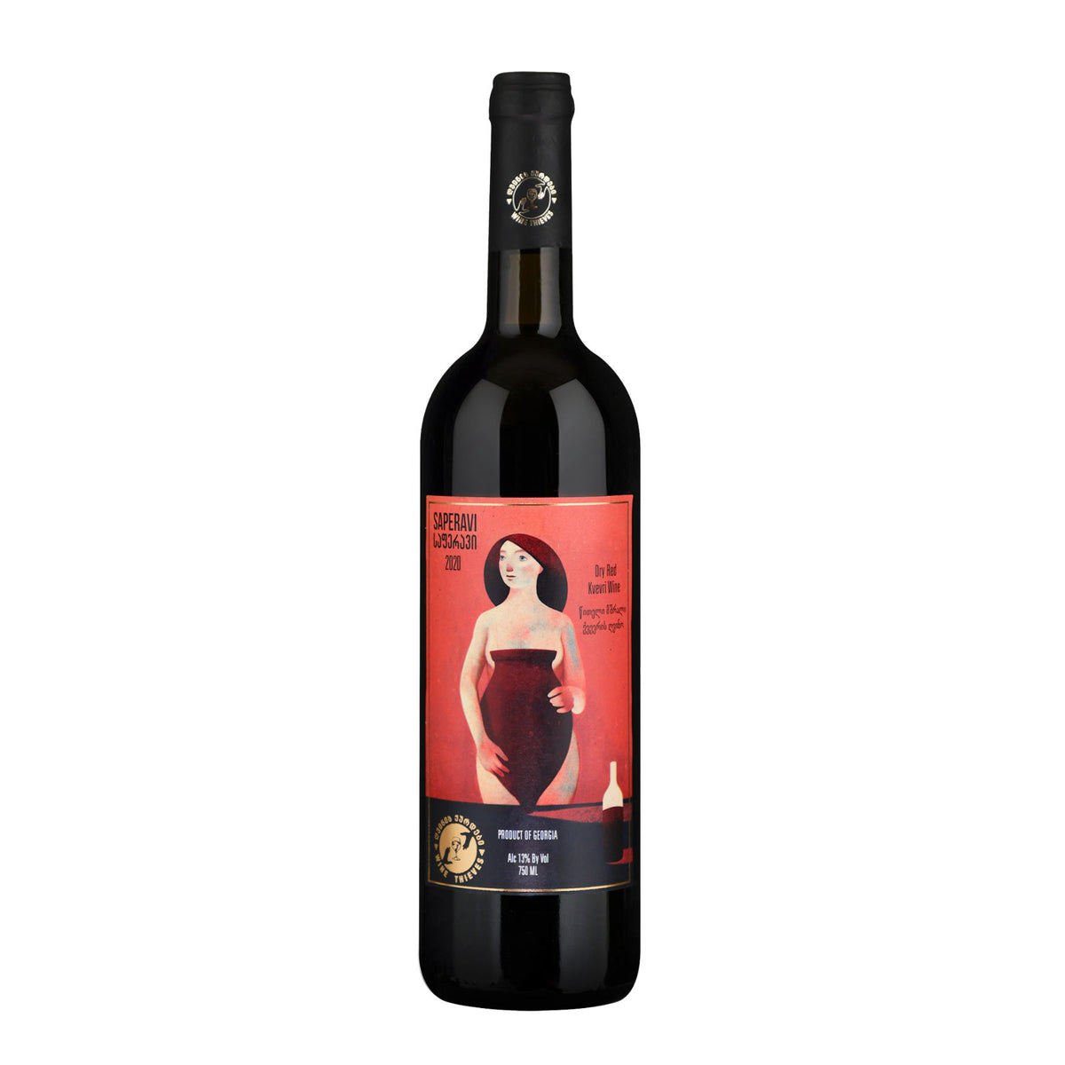 Bottle of Wine Thieves Saperavi 2021 from Kakheti, Georgia, showing a deep ruby red wine with bold structure and dark fruit character.