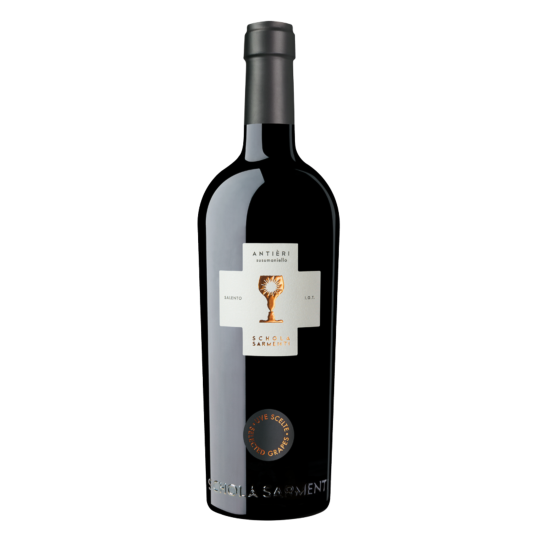 Bottle of Schola Sarmenti Antièri Susumaniello 2020 from Salento, Puglia, Italy, matured for 12 months in French oak tonneaux.