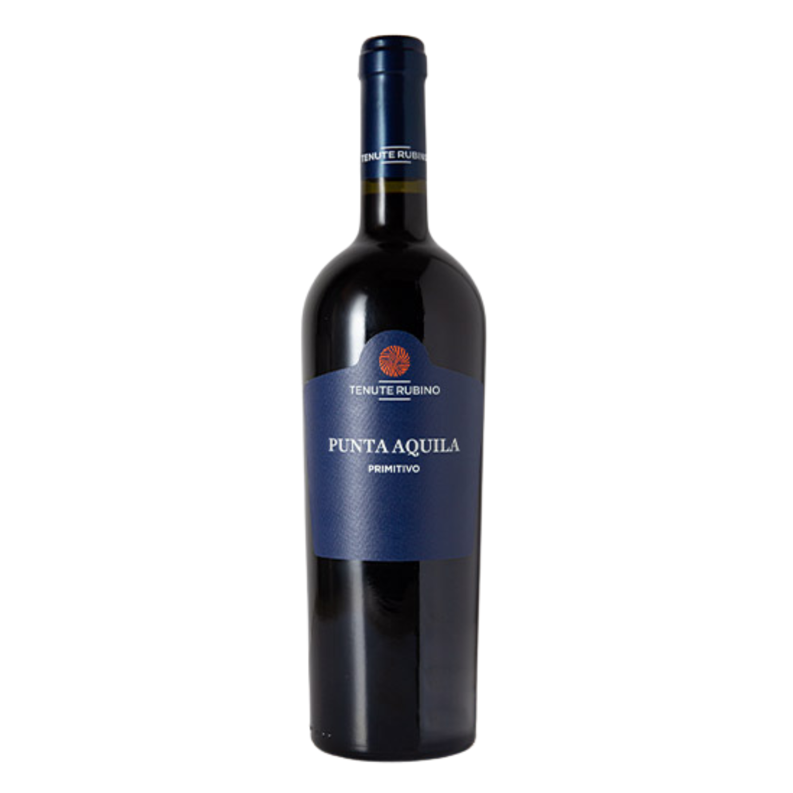 A bottle of Tenute Rubino Punta Aquaia Primitivo red wine, featuring a dark glass bottle with a navy blue label and a dark blue foil capsule on the neck, set against a plain white background.