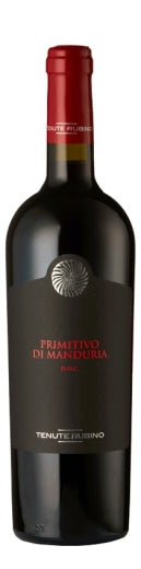Bottle of Tenute Rubino Primitivo di Manduria 2019 Red Wine | Puglia, Italy.